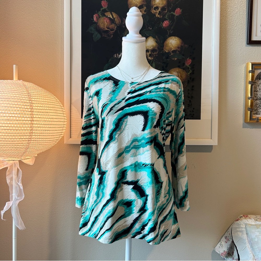 JM Collection blue abstract print stretchy blouse S